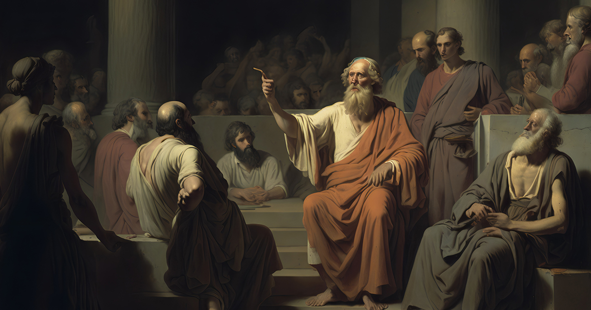 Socrates with a judges and citizens, as described by Plato (and generated by AI)