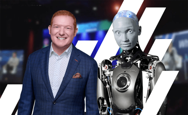 Futuri CEO Daniel Anstandig with Ameca, an autonomously AI-powered humanoid robot