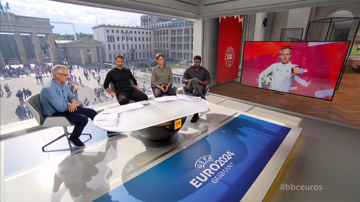 BBC Sport’s virtual set, built in Berlin for coverage of the UEFA EURO championships and utilizing mixed-reality elements.