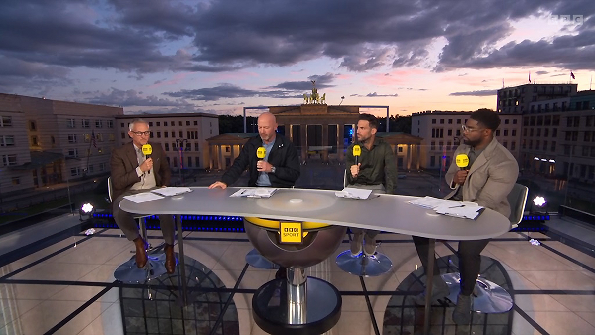 BBC Sport’s outdoor “terrace” set, constructed in Berlin for coverage of the UEFA EURO championships.